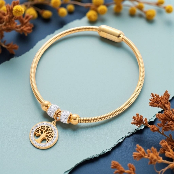 ๐๏ธ18K Gold Plated Stainless Steel Bangle with Tree of Life Charm FREE Earrings - Picture 5 of 13